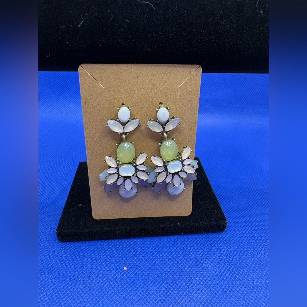 Pastel Floral Statement Chandelier Earrings Multi Color Gold Tone